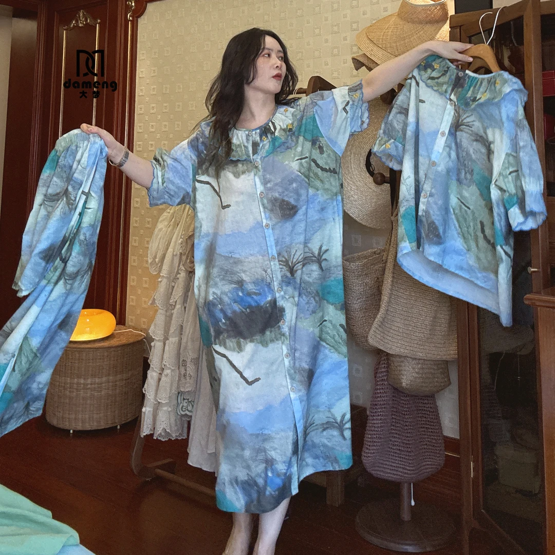 夏季2025新款复古碎花睡裙女士薄款纯棉睡衣宽松大码可外穿居家服