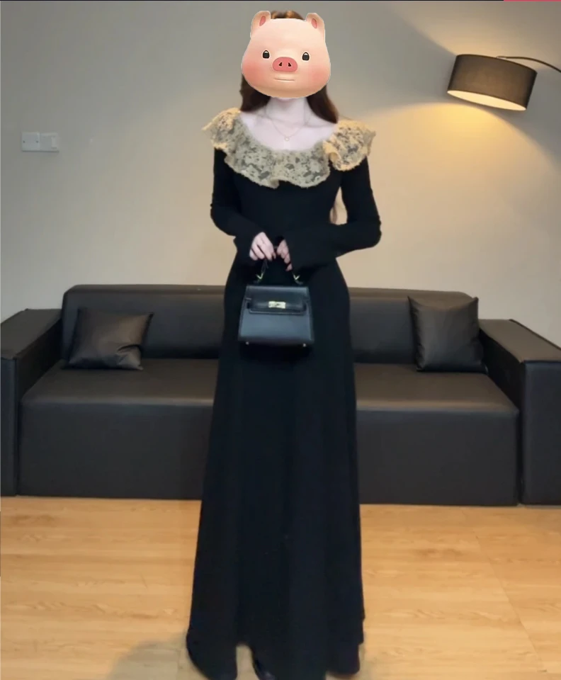 原版面料法式赫本风黑色长袖针织连衣裙2025秋冬蕾丝拼接长裙