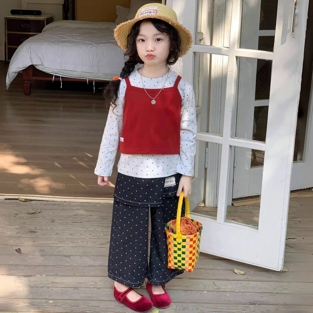 女童休闲套装2025春季新款韩版儿童吊带背心波点打底衫屁帘牛仔裤