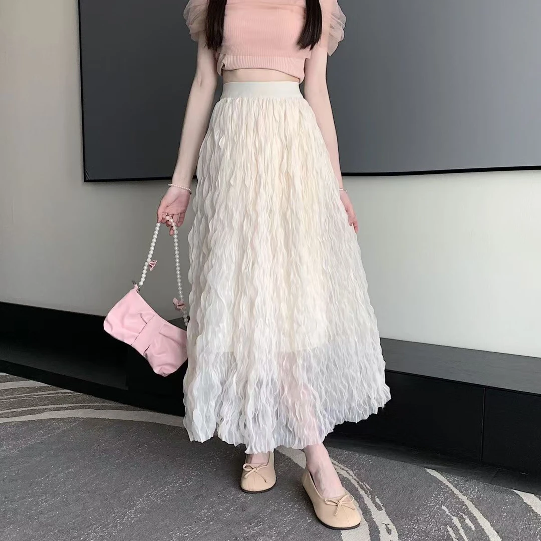 2025年春秋法式网纱半身裙夏季甜美温柔杏色长裙设计褶皱高腰裙子