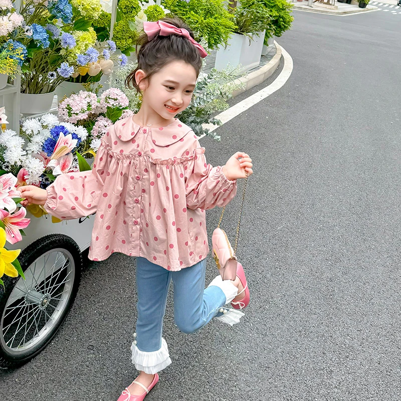 女童洋气长袖衬衫公主风春季2025新款小童新款韩版木耳边春秋上衣