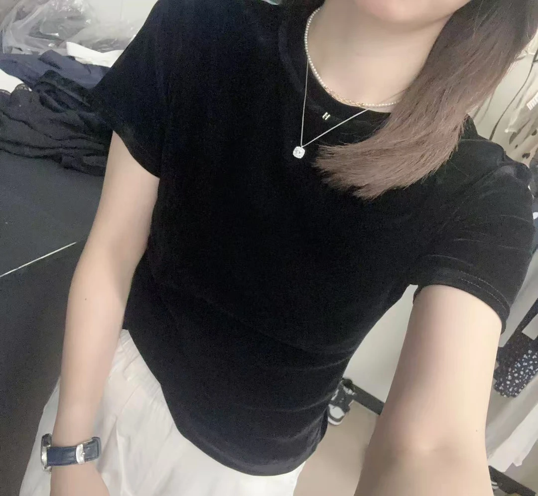 5255丝绒H扣显瘦纯色休闲黑色常规均码短袖通勤T恤休闲风扎染