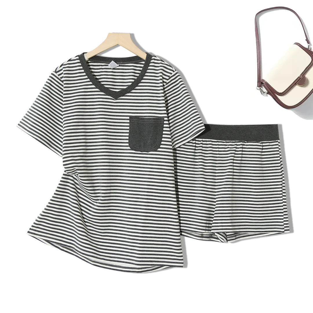 女休闲减龄夏季款式韩版圆领显瘦可亲子时尚短袖短裤套装6D952