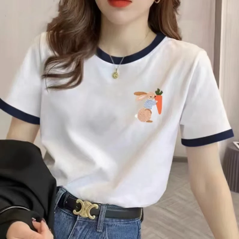 夏季潮款宽松圆领印花白色休闲时尚百搭潮流拼接拼色短袖T恤-J