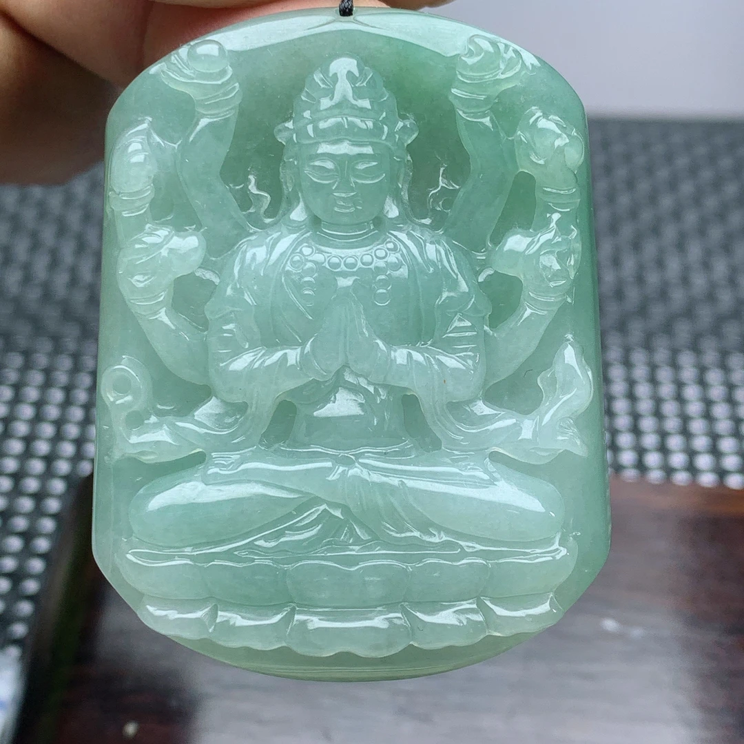 缅甸天然翡翠A货满色千手观音菩萨吊坠男款绿色守护神雕刻精雕