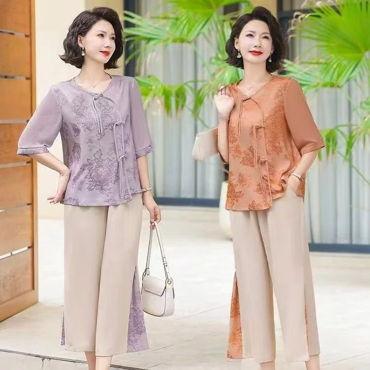 【主播优选】国风缎面复古提花套装上衣+裤子