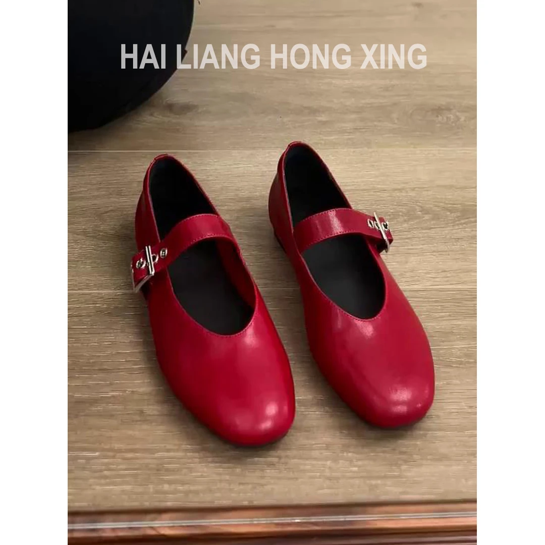 高级感~红色法式玛丽珍鞋女新款百搭小皮鞋圆头浅口复古平底单鞋