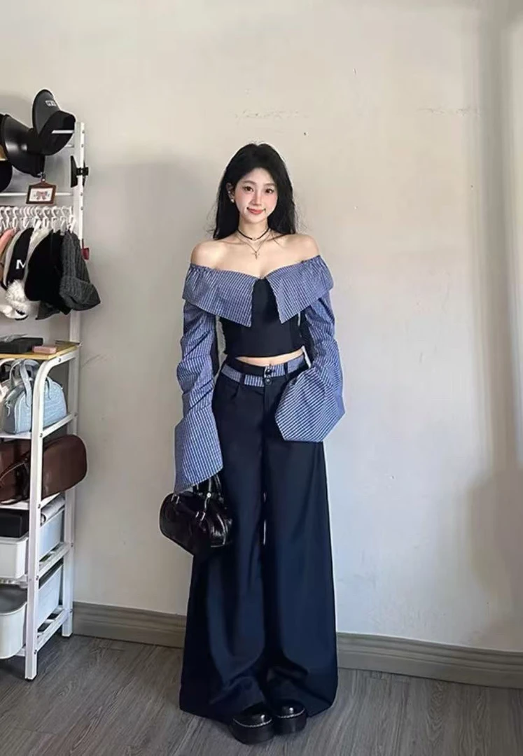大码新春2025一字条纹拼接新款长袖衬衫春季短裙阔腿裤套装两件套