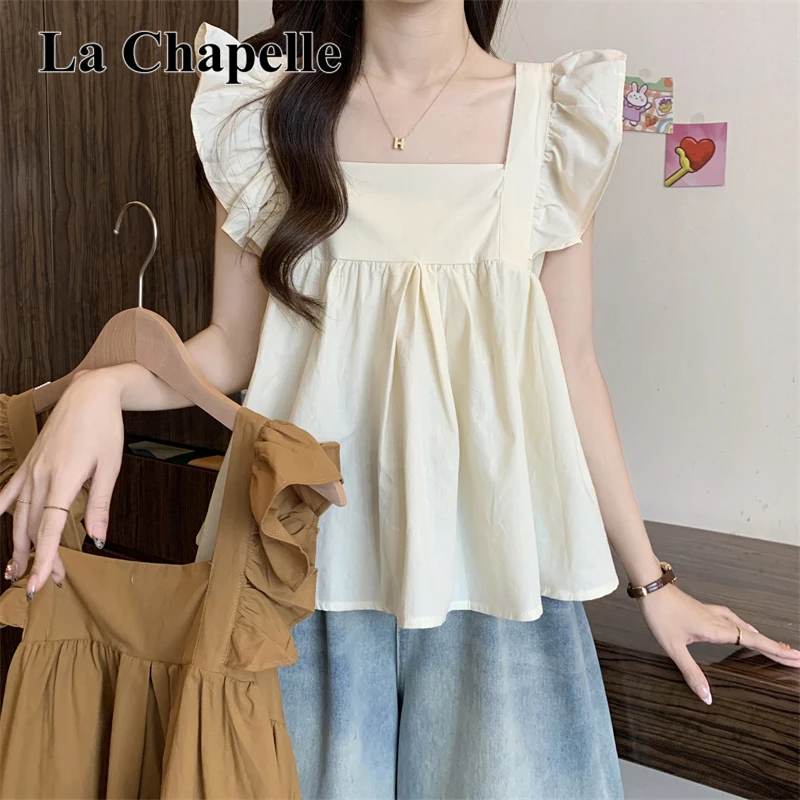 拉夏贝尔甜美可爱风格衣服方领小飞袖荷叶边衬衫女新款设计感上衣