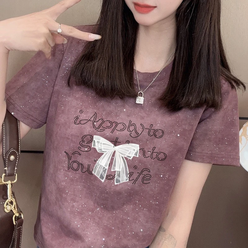 洋气减龄正肩显白显瘦短袖t恤女韩版新款蝴蝶结字母百搭洋气上衣