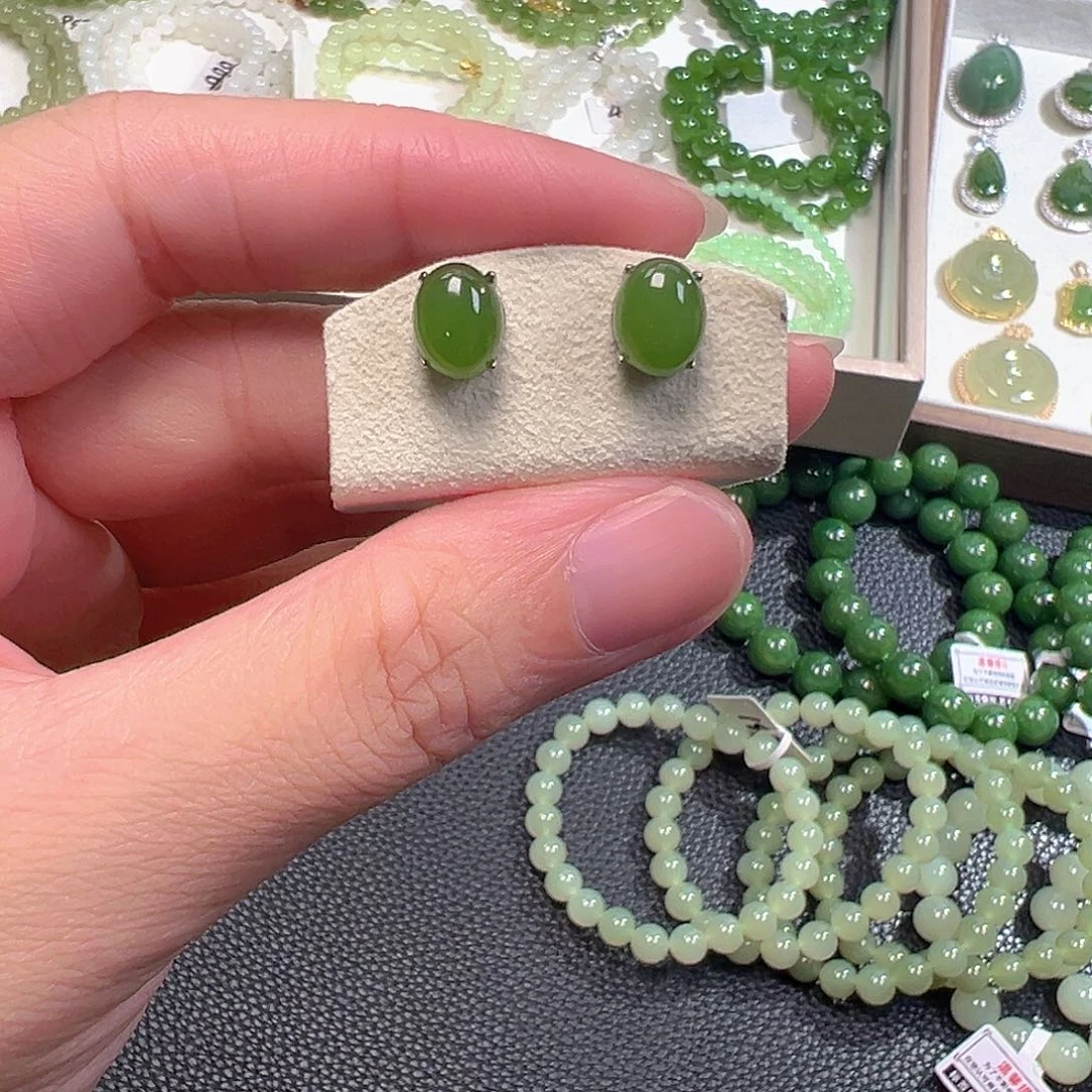 和田玉（碧玉）银S925镶嵌耳饰