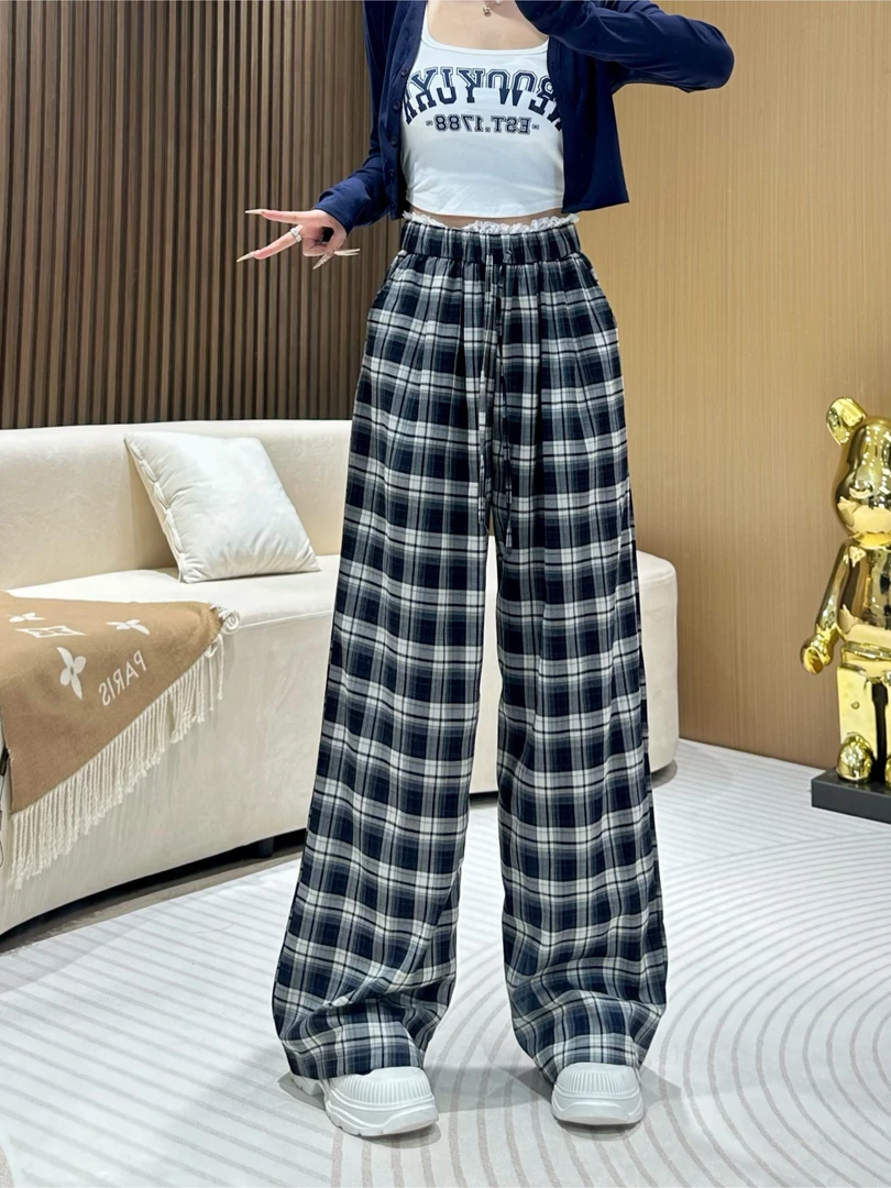 DA2532【蕾丝花边格纹抽绳休闲裤】休闲长裤宽松直筒抽绳阔腿格子裤