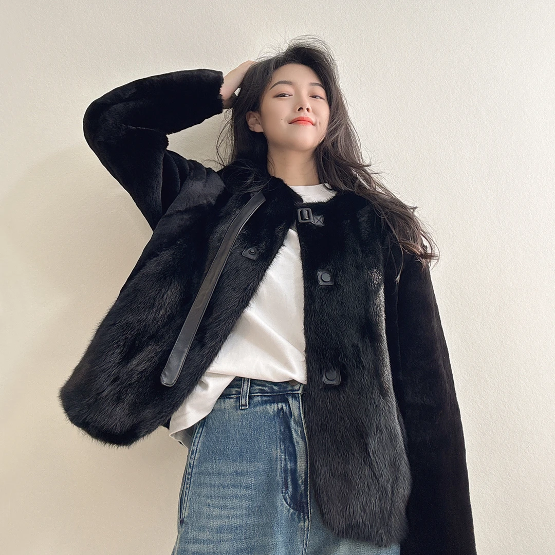 水貂加羊皮羊毛皮毛一体原生态美利奴皮草进口真皮2025年轻短款女
