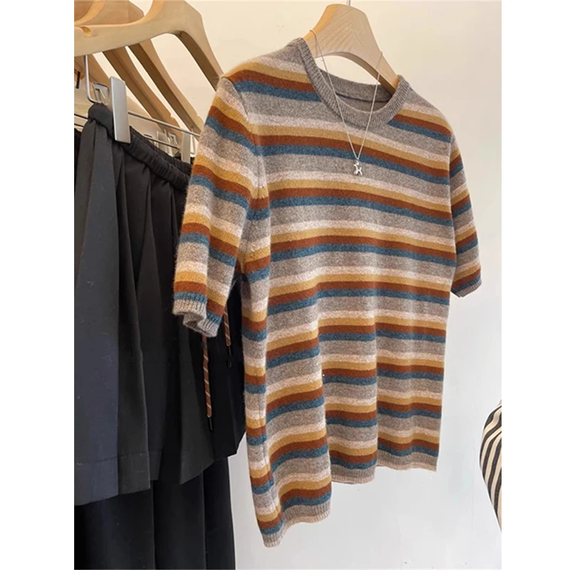 松弛感百搭条纹设计感透气圆领洋气百搭休闲针织衫短袖夏宽松上衣