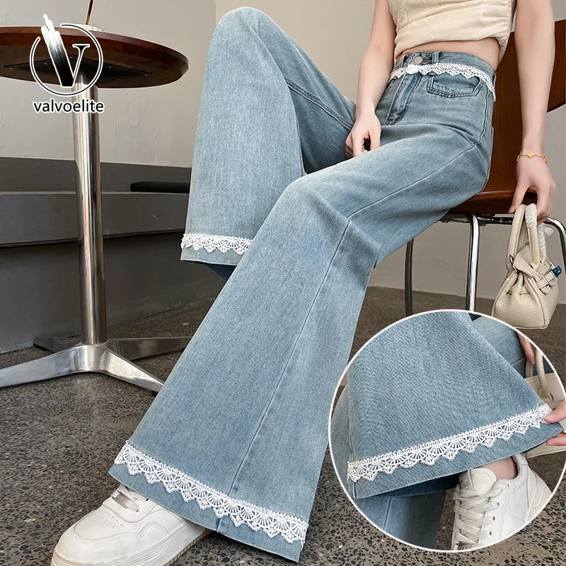 VALVOELITE蕾丝花边拼接微喇叭牛仔裤女夏小个子设计感阔腿马蹄裤