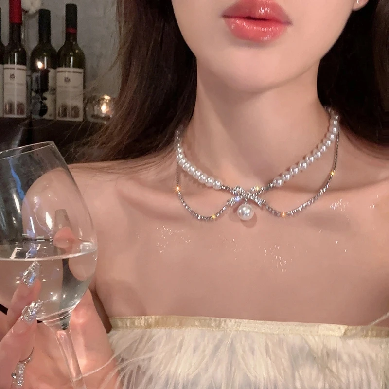 非金属仿珍珠项链 法式双层蝴蝶结珠珠项链轻奢小众设计感贵气锁