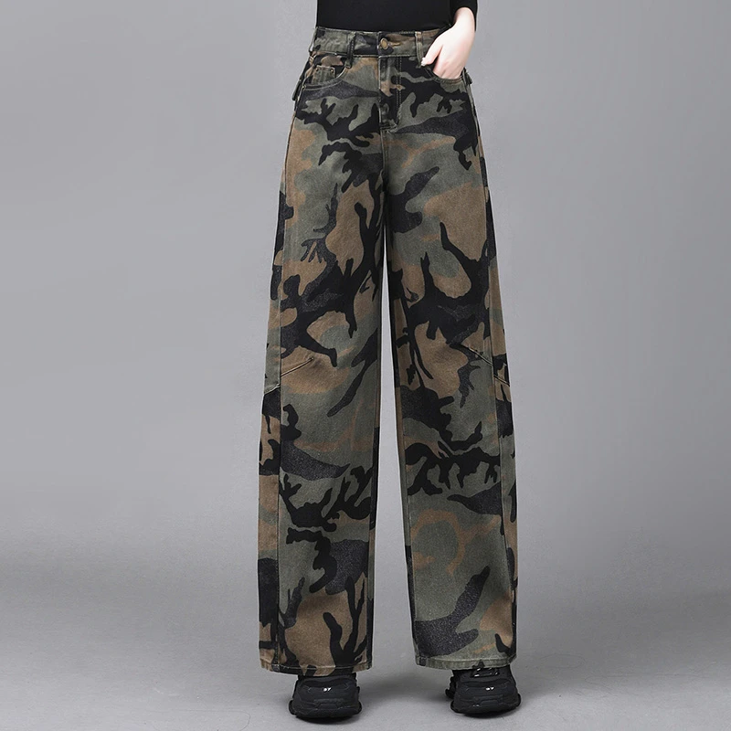 弯刀牛仔裤女高腰显瘦宽松2025秋冬新款加绒阔腿裤子美式高街迷彩