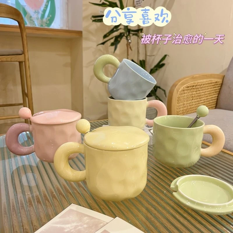 陶瓷水杯女高颜值带盖勺子防烫水杯家用耐高温学生大容量马克杯子