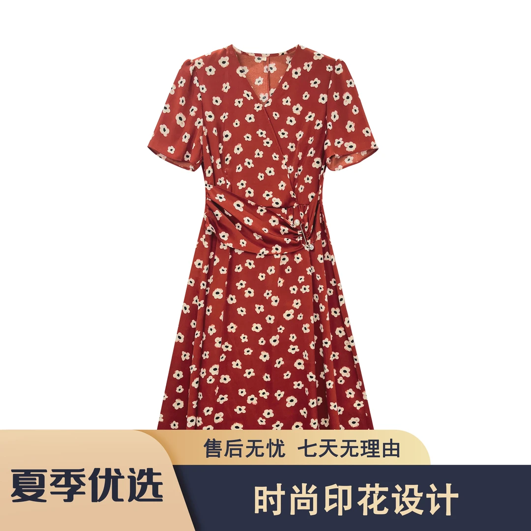 S253 欣YF2025夏季优雅浪漫甜美风V领显瘦印花时尚连衣裙XYF728款