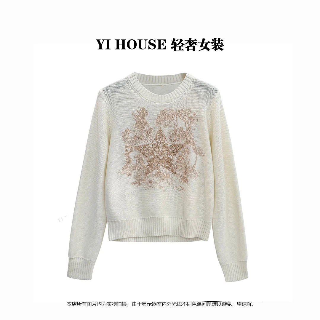 Yihouse2024秋冬新款星星设计圆领时尚毛针织衫休闲上衣