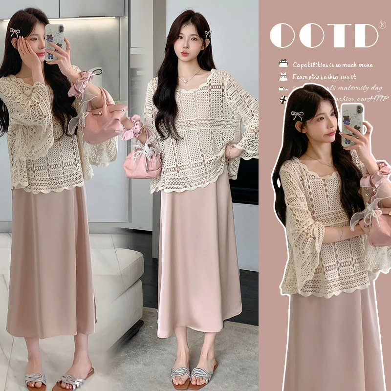 时尚孕妇5夏季新款孕妇缎面醋酸吊带裙+针织勾花防晒罩衫套装