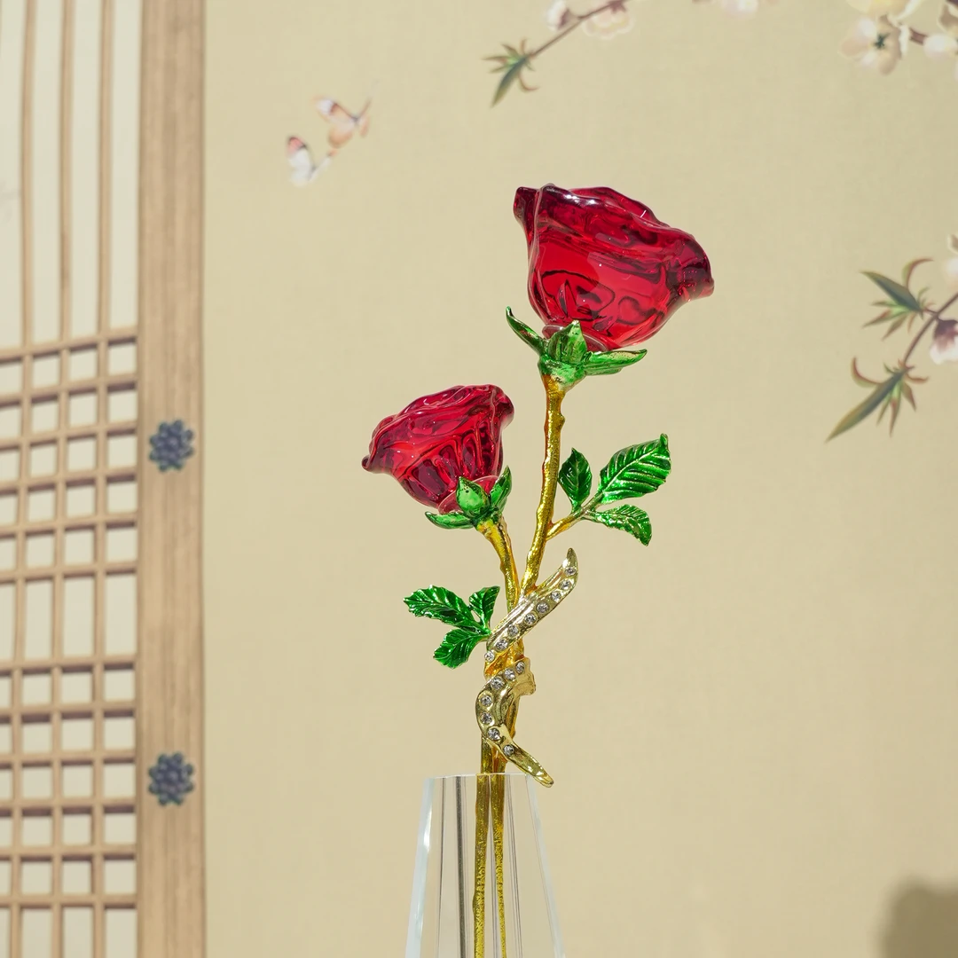 K9水晶达姿双头红玫瑰创意摆件轻奢高档新中式玄关摆设简约简约