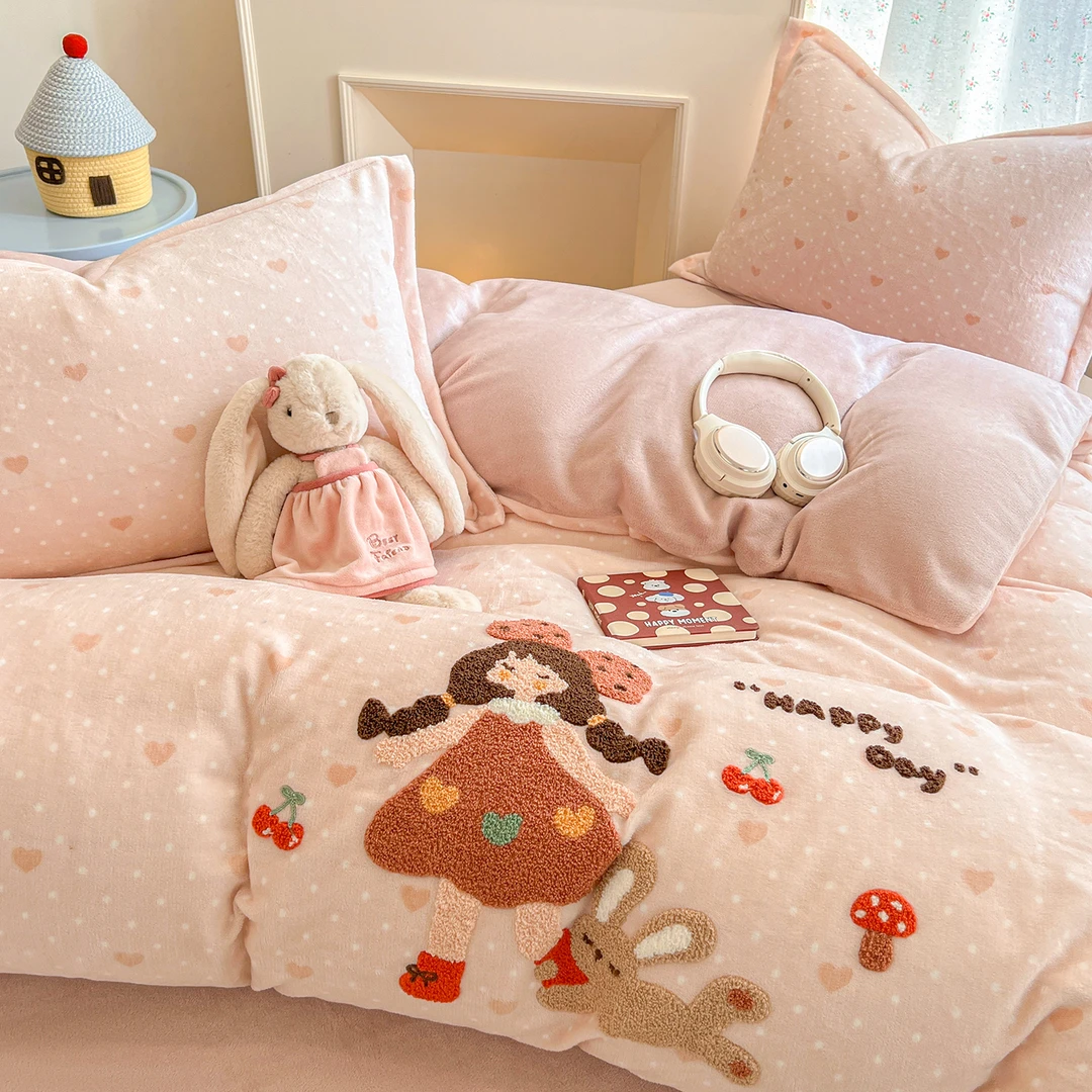 A类牛奶绒被套单件卡通毛巾绣双面绒被罩冬季单人宿舍1.5米被单褥