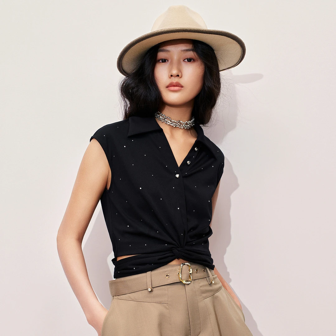 MAXRIENY精致休闲烫钻上衣腰部镂空小众设计高级气质感