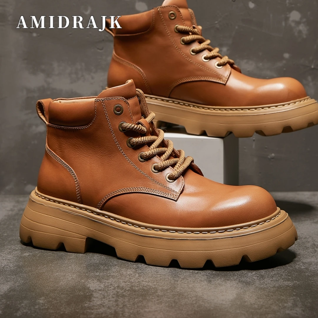 AMI DRAJK2025春夏季马皮鞋马丁靴男真皮鞋休闲复古高端中帮工装