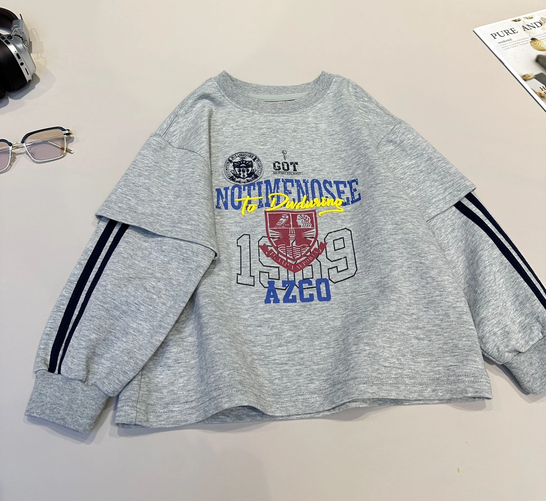 儿童秋装韩范新款假两件字母套头卫衣上衣圆领印花  25507