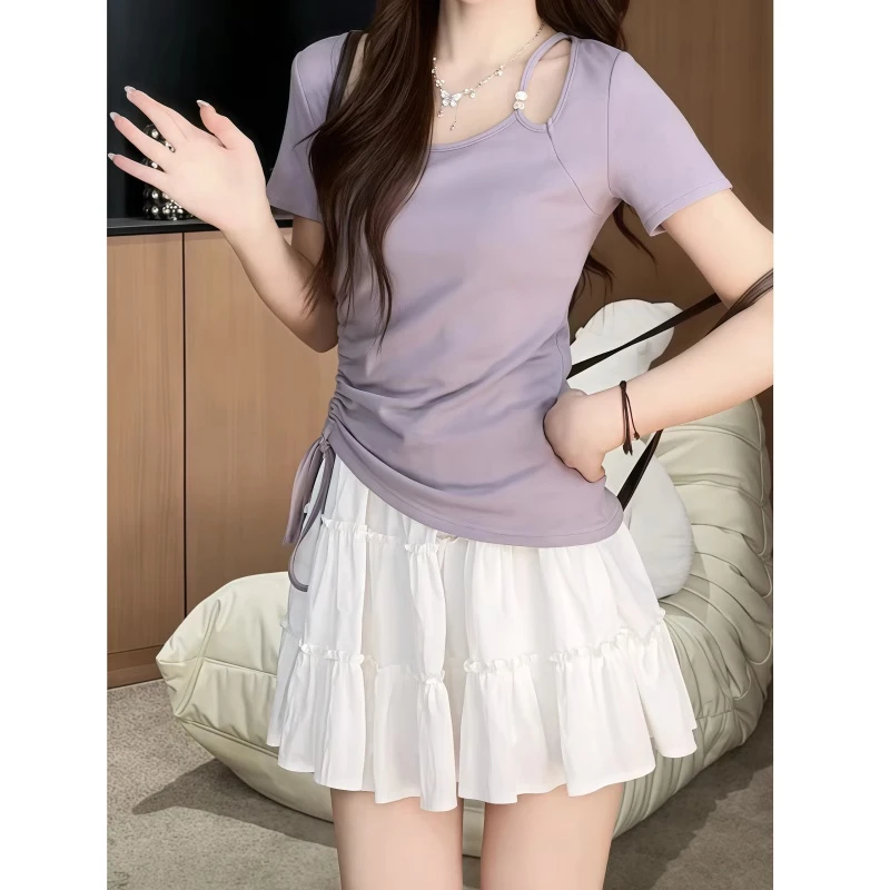 韩系设计感褶皱系带短袖T恤女夏季新款纯欲风显瘦遮肚小衫上衣