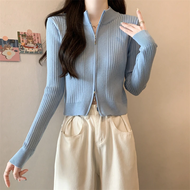 Polo领双拉链针织开衫女春季短款高腰毛衣外套小个子内搭修身上衣