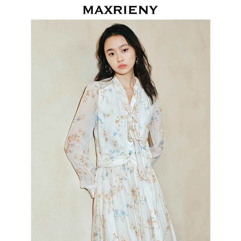 【英式雅皮士-商场同款新品】MAXRIENY浪漫复古飘领系带印花衬衫上