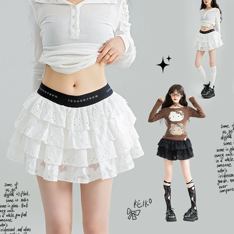 KEIKO 芭蕾风白色蛋糕短裙25夏季层叠蕾丝花边半身裙防走光蓬蓬裙