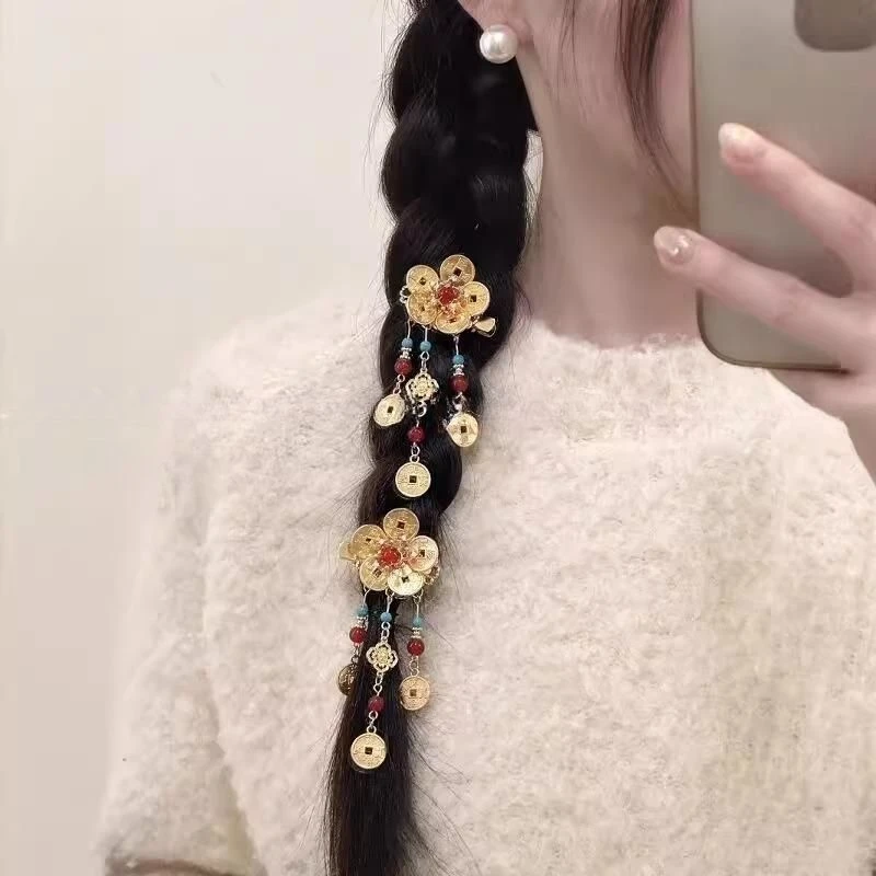 元旦礼物有钱花新中式古风铜钱流苏发夹女2025年新款发饰侧边发夹