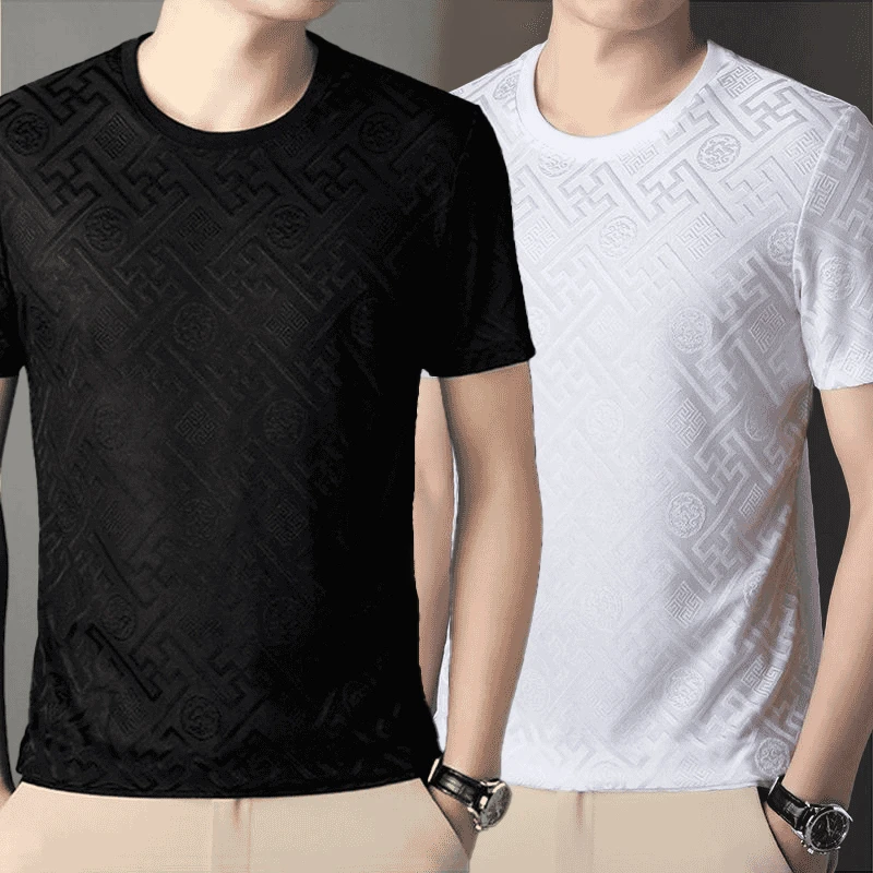冰丝男短袖T恤夏季修身潮流半袖体恤提花简约青年百搭上衣打底衫