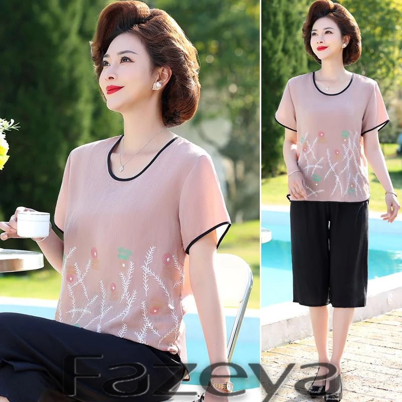 彩羊妈妈夏装套装气质大码短袖T恤2025新款中老年人女