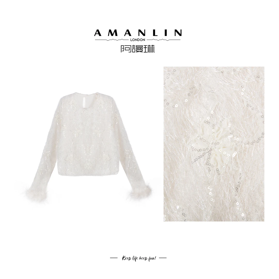 【AMANLIN】冬季气质显瘦欧若风圆领钉珠ins风套头上衣长袖F595180