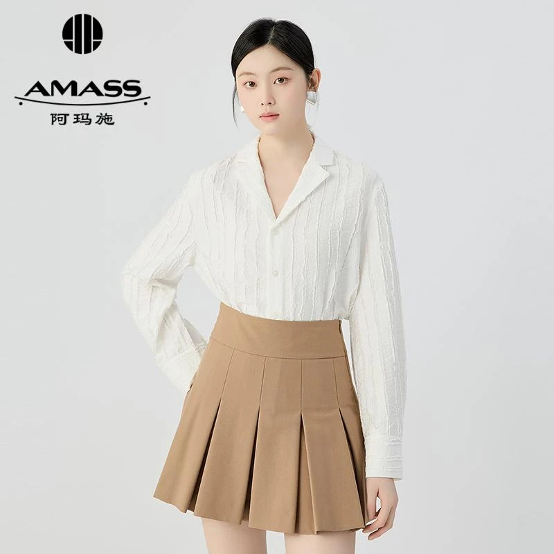 阿玛施AMASS 经典时尚通勤垂坠感小V领翻领薄款衬衫530165 长袖女