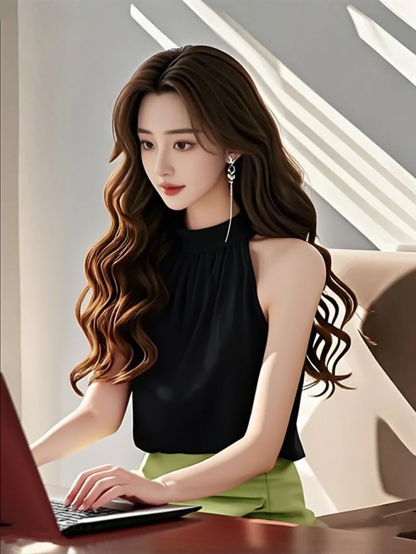 SS1196无袖雪纺吊带背心女夏新款洋气时髦打底衫挂脖显瘦时尚上衣