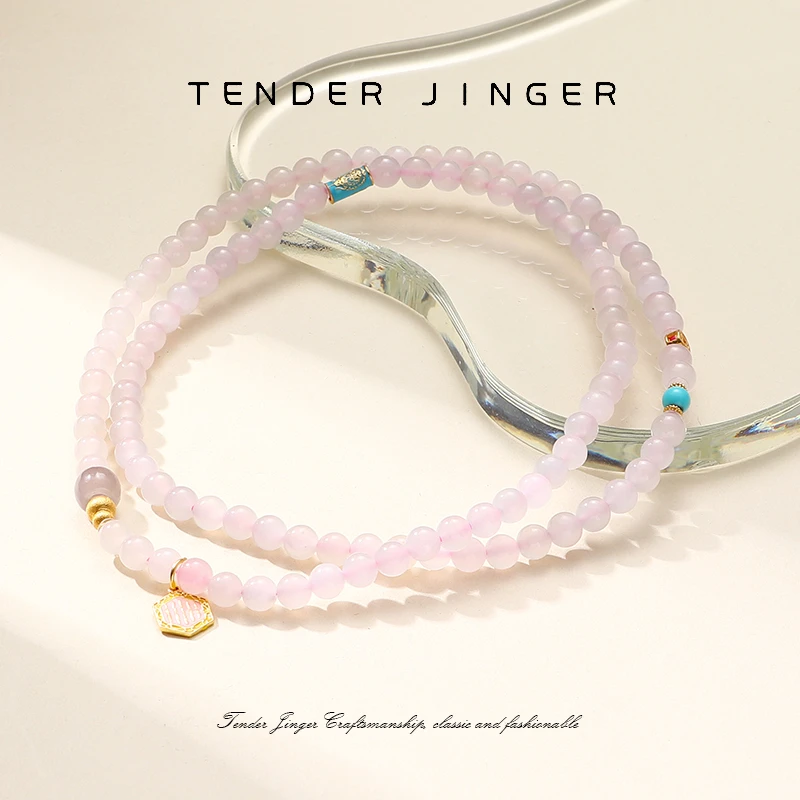 Tender Jinger新款S925银镶嵌天然冰底藕粉和田玉项链轻奢高级