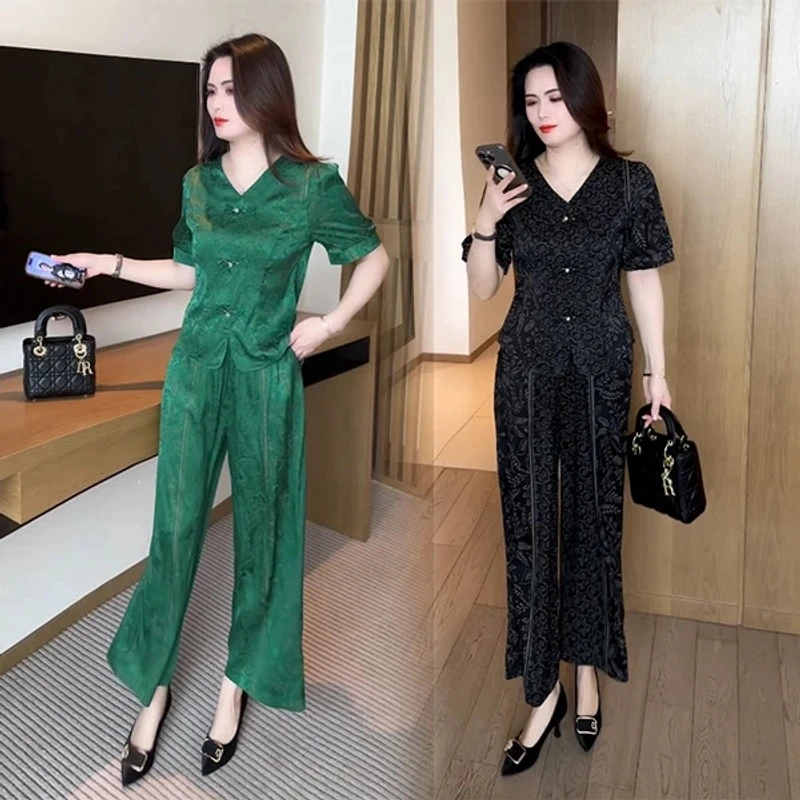 冰丝时尚套装女2025夏季新款洋气显瘦盘扣短袖阔腿裤休闲两件套潮