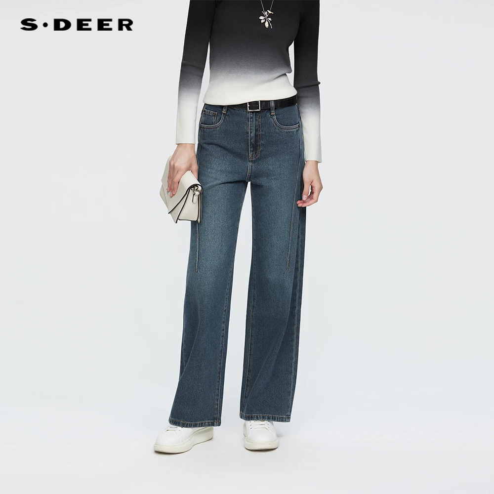 sdeer圣迪奥女装25年新品复古高腰插袋拼接牛仔直筒长裤S254Z0806