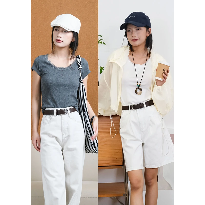 百武西“派对C位”法式文艺蕾丝边显瘦百搭基础款修身短袖T恤8548