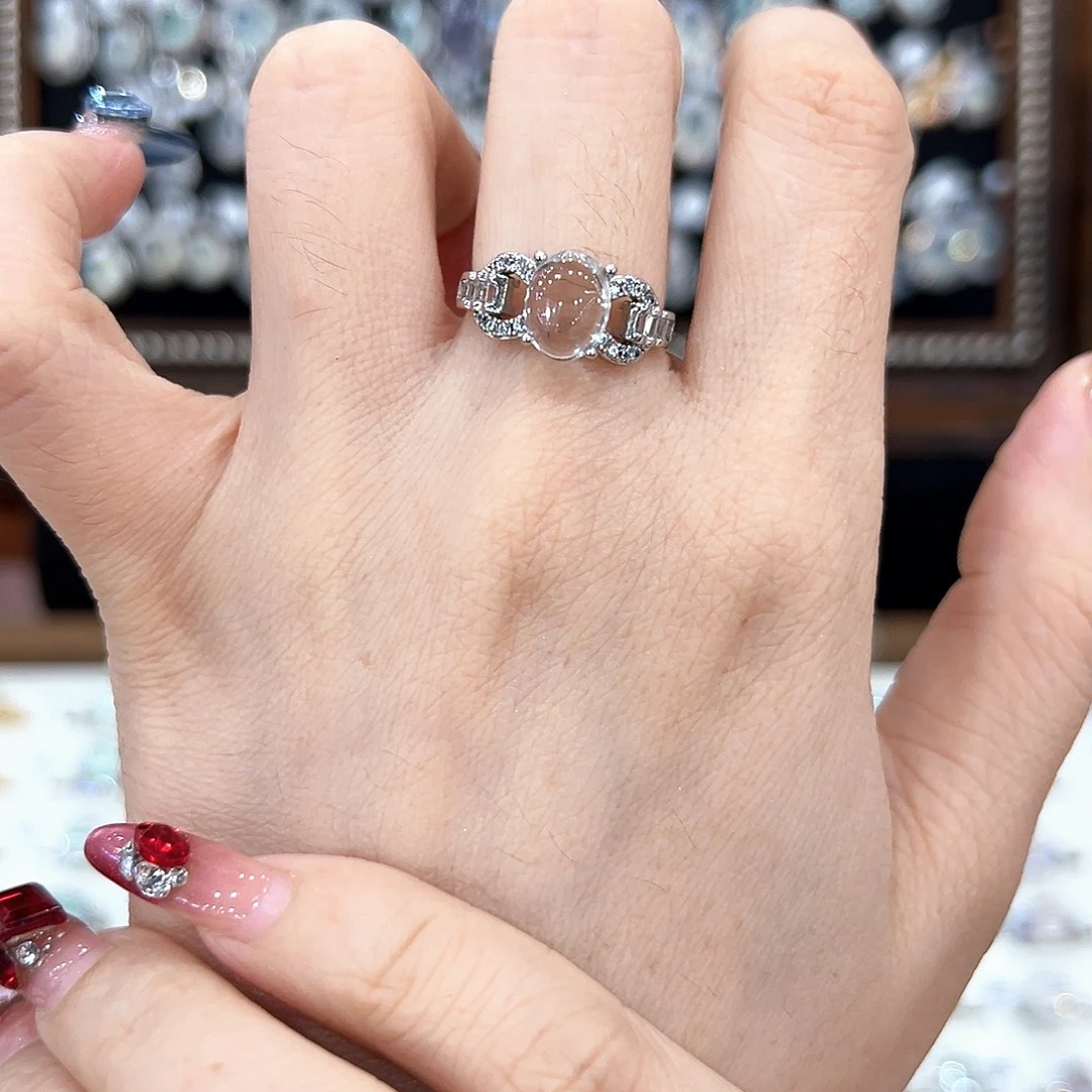 蛇纹石玉银S925镀金镶嵌戒指