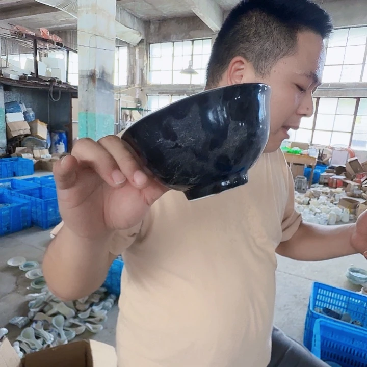 景德镇高温陶瓷乌金釉米饭碗2个