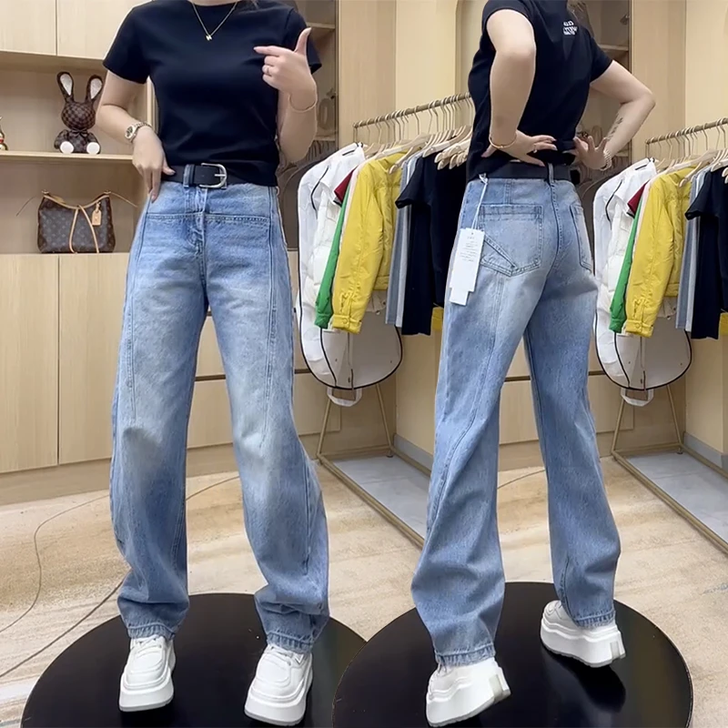 La Chapelle/无货女士今年流行高腰弹力窄版一字兜弯刀牛仔裤