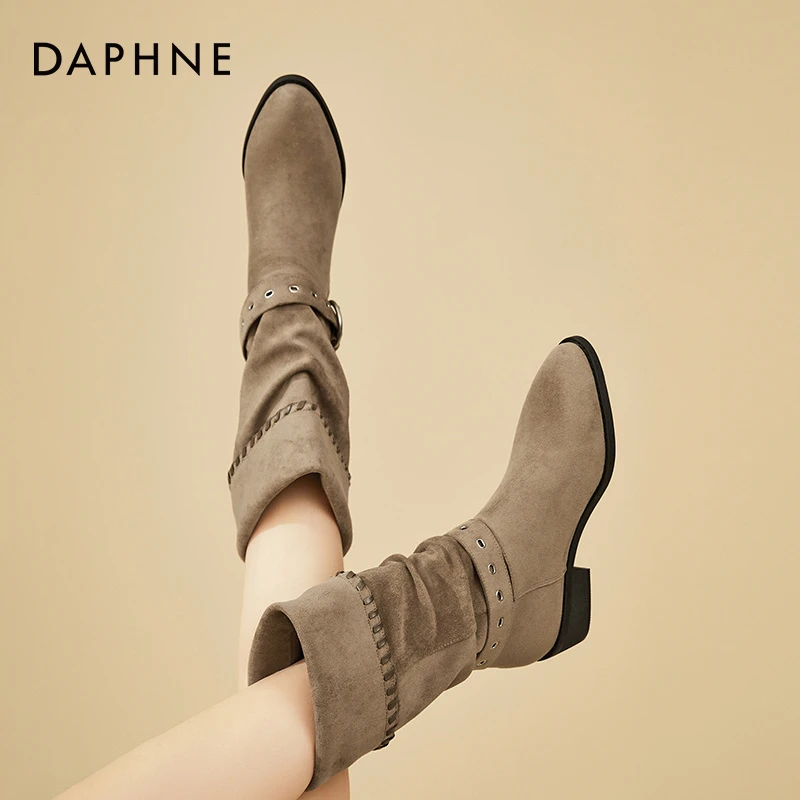 达芙妮复古骑士短靴女褶皱西部堆堆靴春秋季单靴英伦风中筒马丁靴