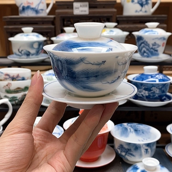 手绘鱼戏孔雀翎盖碗120cc釉下彩微瑕福利款