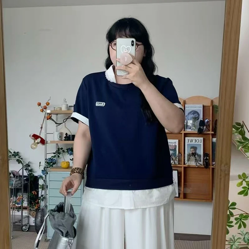 【现】大码女装小众设计翻领蕾丝边短袖上衣 6222